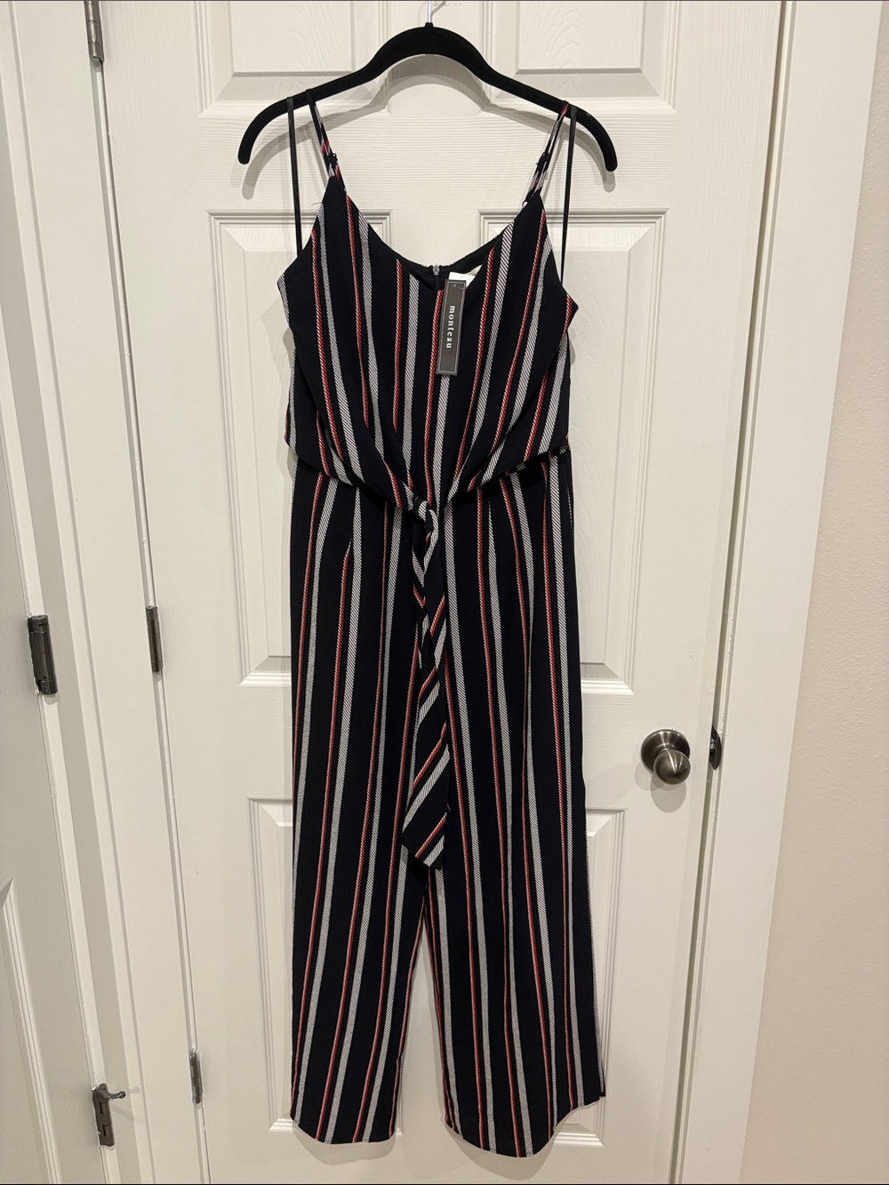 NWT- Monteau Navy Striped Tie-Waist Jumpsuit with Red & White Accents